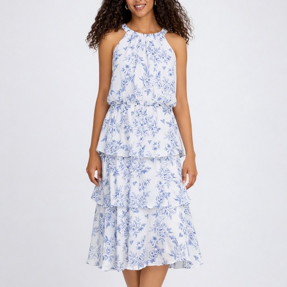 Signature by Robbie Bee Dresses & Skirts - 🆕✨Signature byRobbieBee Blue Floral Tiered Midi Dress Size 6 White Chinoiserie